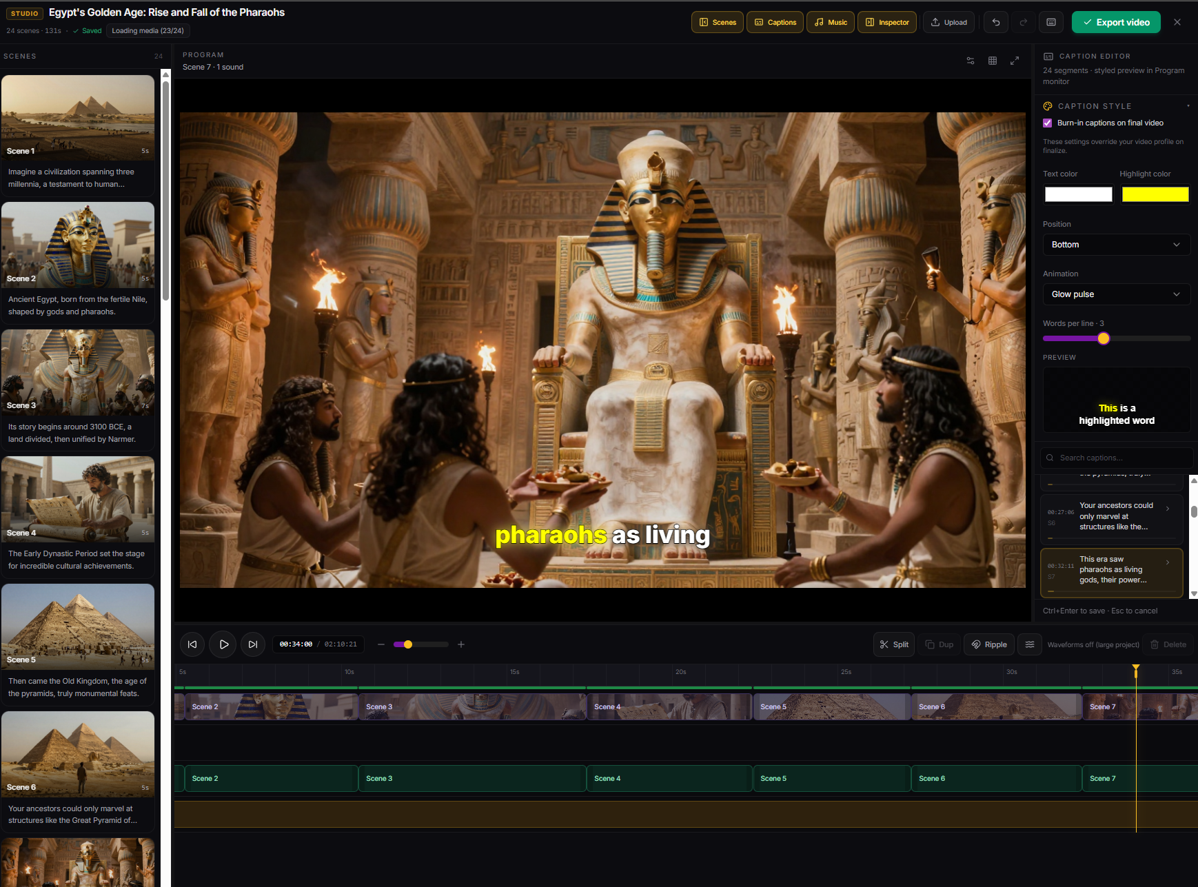 AutoTube scene preview: review scenes, edit script and images per scene, play voiceover, then apply and generate the final video